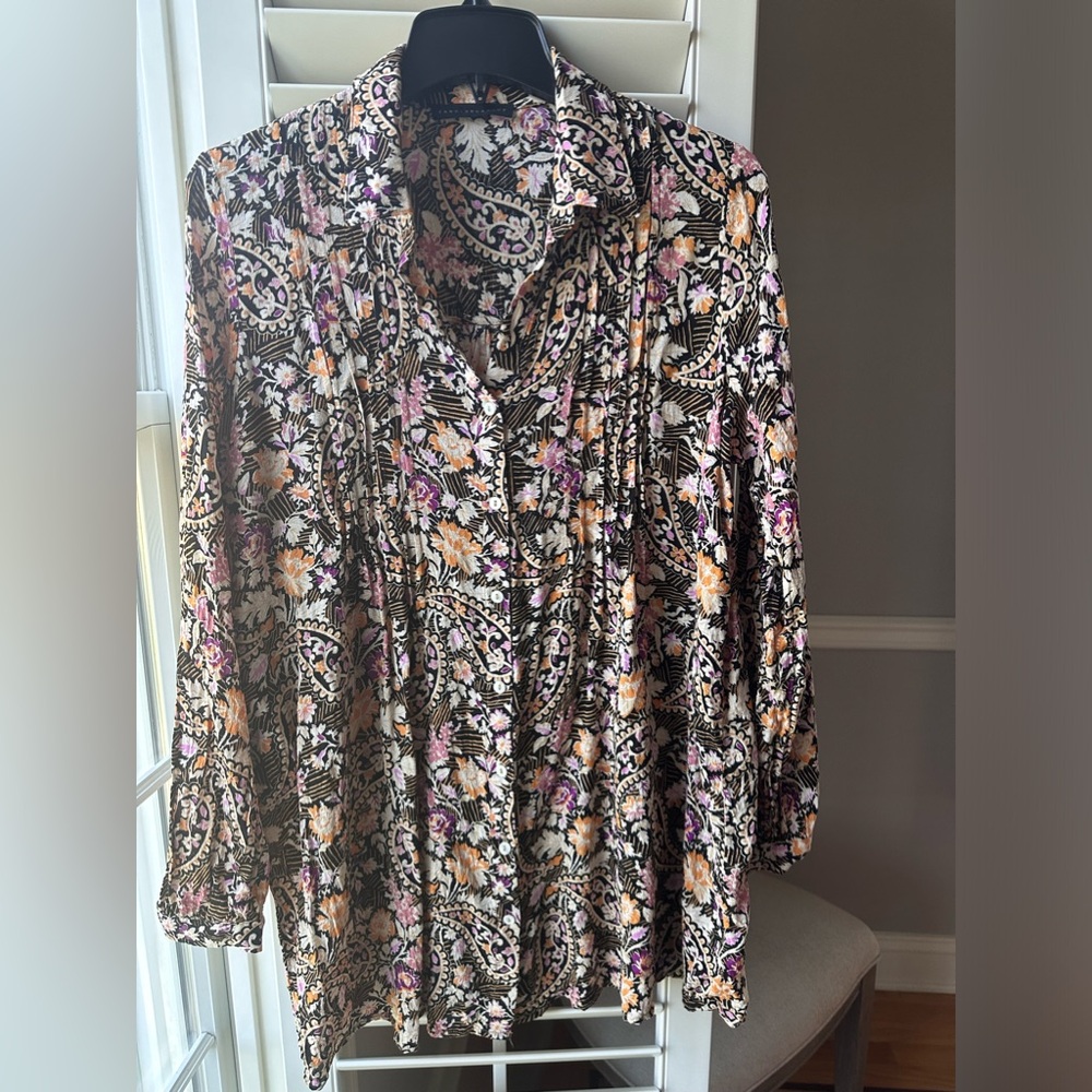 Jane & Delancey Floral Womans Blouse Tunic Long Sleeve Paisley Pleaded front - Picture 10 of 13